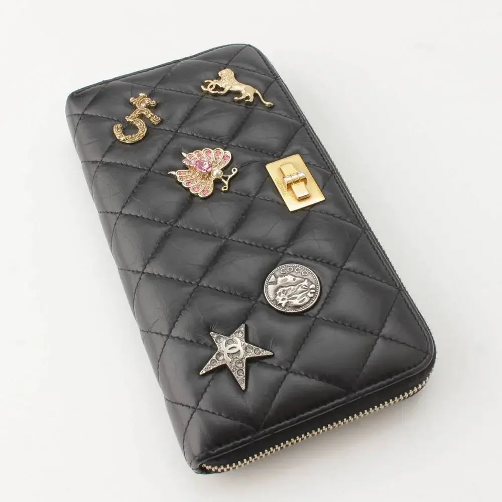 Chanel Lambskin Wallet Black Pins Patches Matelasse